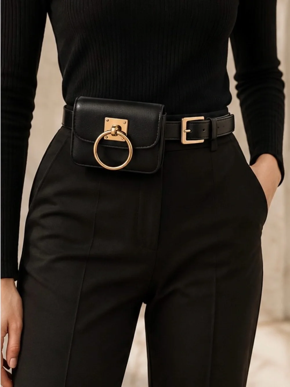 Elegant Black Leather Belt Pouch Gold Buckle Waist Bag